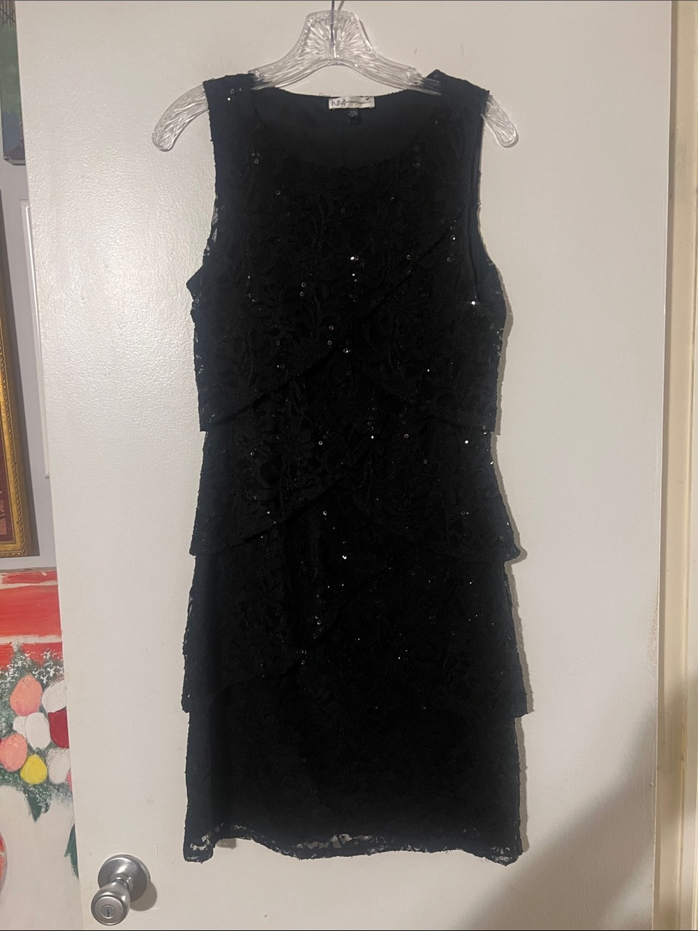 Neiman Marcus black dress Tiered layers of lace w/black sequins. Fully lined